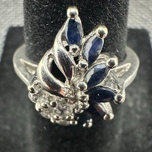 Sterling Silver .925 Blue Stone and CZ Cocktail Ring stamped RJ Size 6